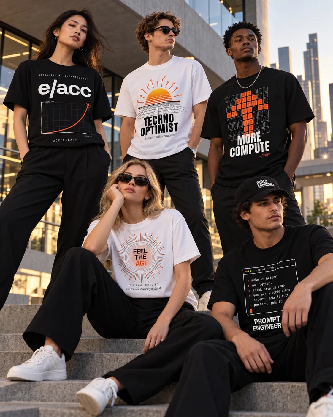 Five people on concrete steps at sunset wearing the e/acc, Techno-Optimist, More Compute, Feel the AGI and Prompt Engineer t-shirts